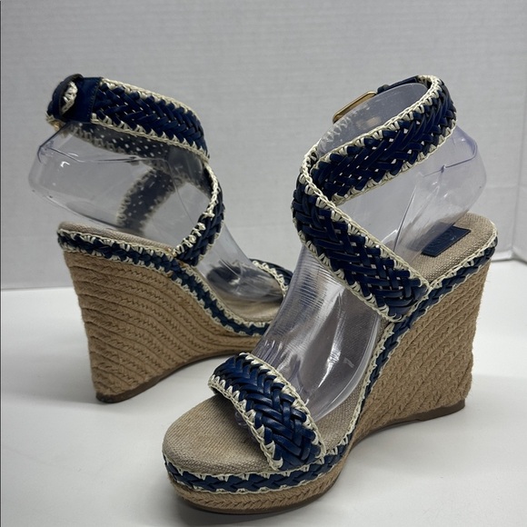 Tory Burch Lilah Wedges Espadrille Sandals High Heel Shoes Brown Navy Blue 8 - Picture 6 of 12